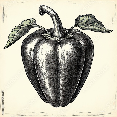 Detailed black and white vintage illustration of a bell pepper with two leaves attached to the stem on a light textured background