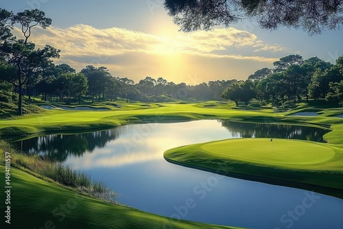 Tranquil golf course at sunrise with calm water reflection and lush green fairways surrounded by trees under a bright sky with soft clouds