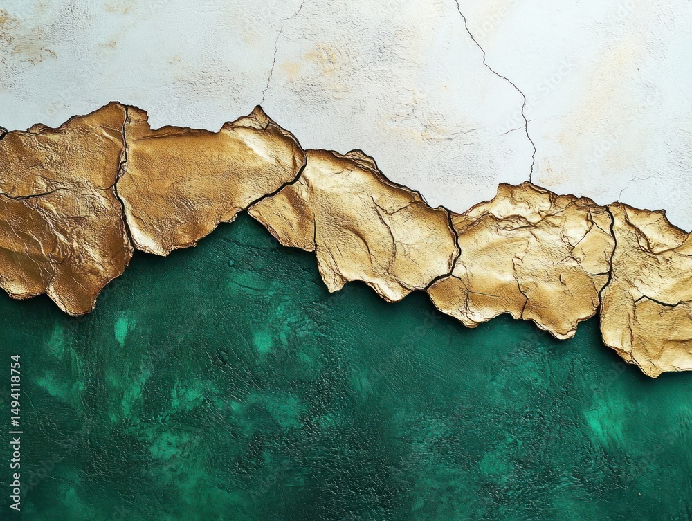 Obraz premium Close-up of textured wall with peeling layers showing cracked gold paint over white and dark green surface creating abstract rugged pattern
