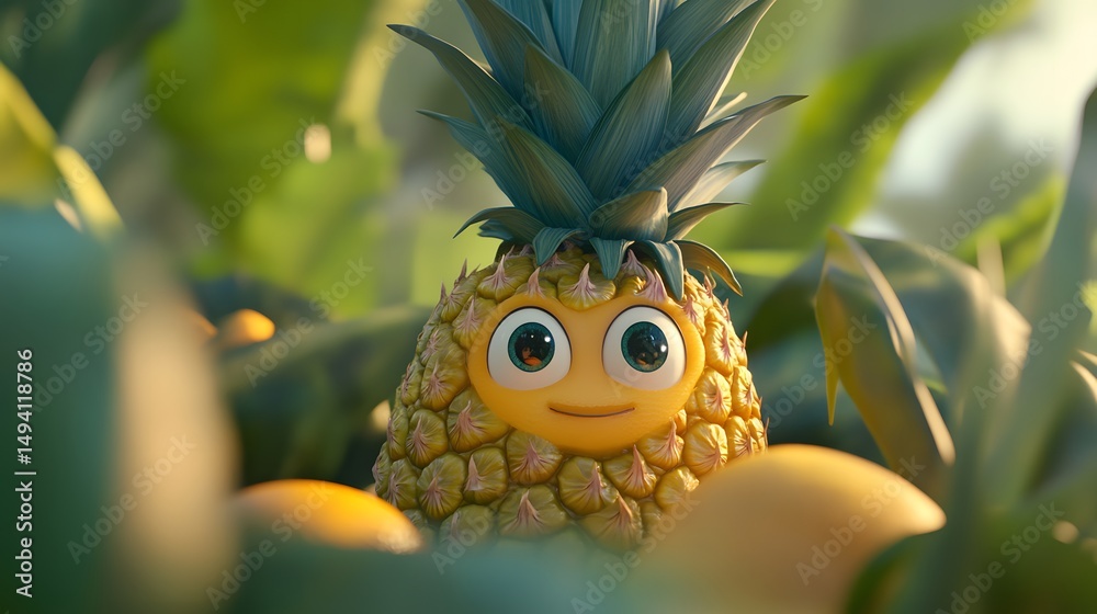 Obraz premium Animated pineapple character amidst foliage and citrus fruits.