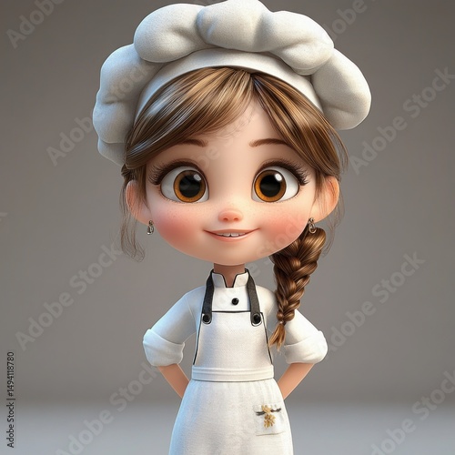 Smiling young girl with large brown eyes wearing a white chef hat, white apron, and a braid over her shoulder, standing with hands behind her back