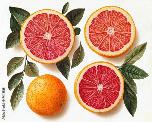 Three juicy halved grapefruits with vibrant red flesh and green leaves arranged alongside a whole grapefruit on a white background