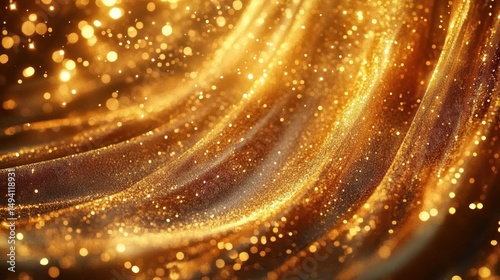 Close-up of flowing textured golden glitter with sparkling light effects creating a luxurious and magical atmosphere