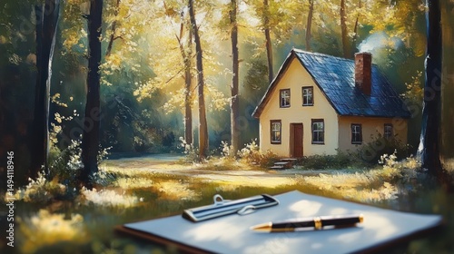 Peaceful sunny forest scene with a small house surrounded by tall trees and a clipboard with a pen in the foreground