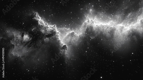 Monochrome cosmic scene with glowing nebula clouds and numerous stars scattered across deep space, evoking vastness and mystery