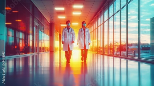 Two healthcare professionals wearing white coats and face masks walking through a brightly lit hospital corridor with large glass windows and a vibrant sunset outside