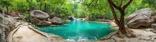 Turquoise Waterfall Pool In Lush Tropical Forest
