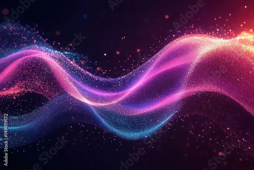 Abstract flowing waves composed of glowing pink, purple, and blue particles on a dark background conveying a sense of movement and energy