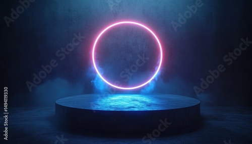 Dark atmospheric room with a glowing pink and blue neon circle above a round concrete platform surrounded by mist and smoke