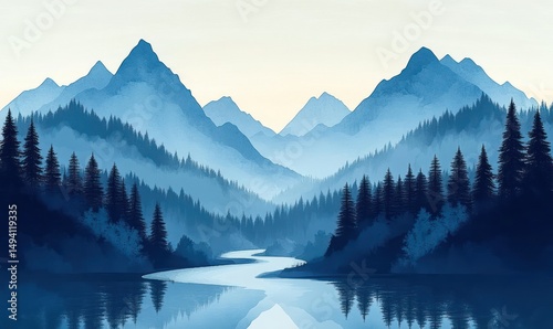 Calm river flowing through a dense forest with towering pine trees and misty blue mountains in the background under a pale sky
