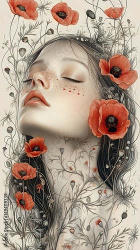 Close-up of a serene woman with closed eyes surrounded by delicate red poppies and intricate wildflowers, exuding calmness and natural beauty