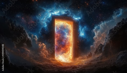 Glowing fiery portal standing alone in a dark rocky landscape surrounded by luminous blue and orange cosmic clouds and distant stars