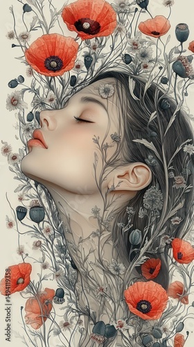 Surreal portrait of a peaceful woman with eyes closed surrounded by delicate large red poppies and wildflowers entwined with her hair and neck