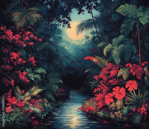 moonlit tropical jungle with lush green and vibrant red foliage surrounding a calm reflective river under a glowing full moon and cloudy night sky