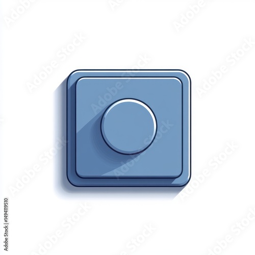 blue square button with a circular press in the center casting a shadow on a white background