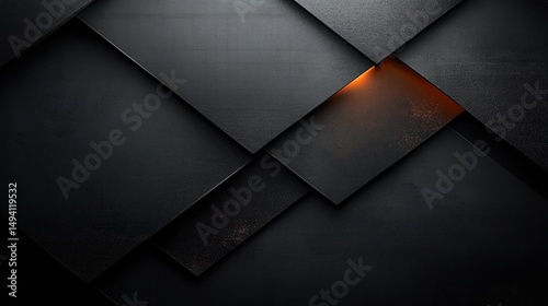 abstract geometric composition of overlapping dark textured rectangles with a subtle glowing orange light between layers creating a modern mysterious atmosphere