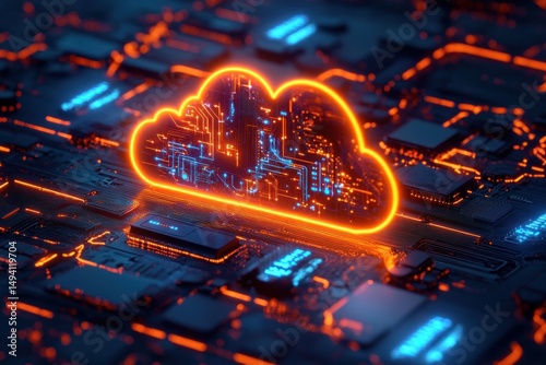 Glowing orange digital cloud icon with blue circuit patterns on a dark futuristic microchip board emitting ambient light