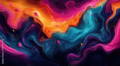 vibrant swirling fluid of orange, pink, blue, and purple hues creating an abstract and dynamic marbled pattern with flowing movement and depth