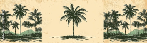 Vintage style illustration of various palm trees and tropical foliage with distant hills on a textured beige background