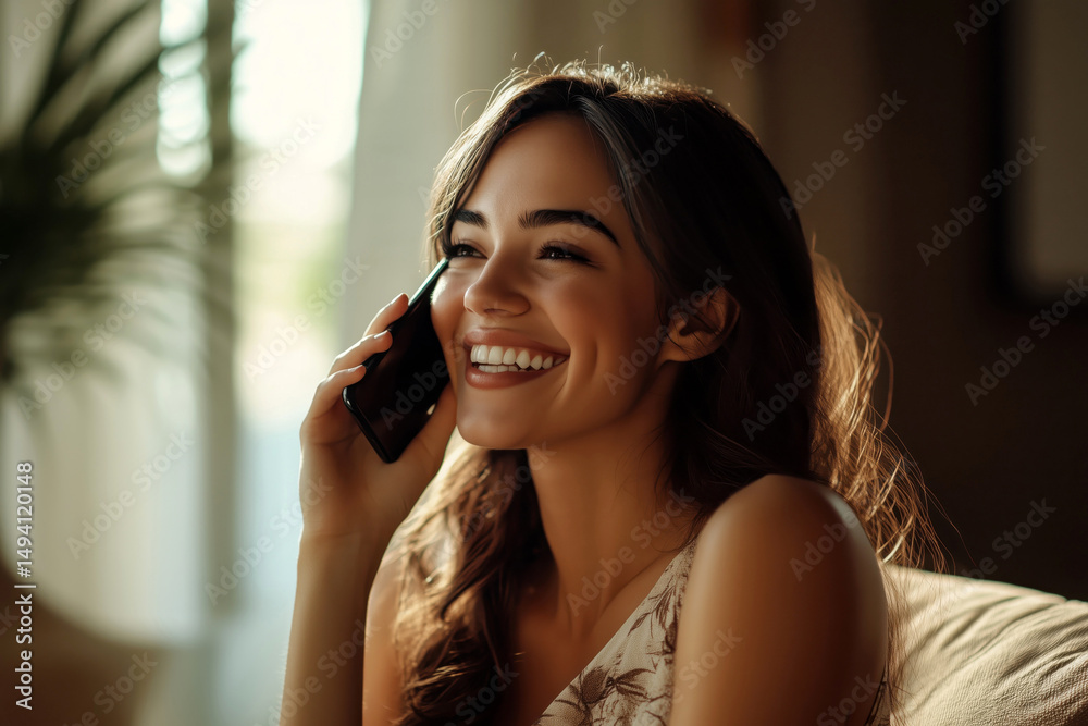 Fototapeta premium Young woman sitting on sofa at home, smiling and talking on mobile phone in a relaxed, cozy atmosphere. Enjoying a cheerful conversation while relaxing in her living room