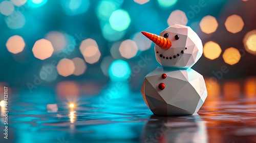 Festive Low Poly Snowman Winter Holiday Design Bokeh Lights Background
