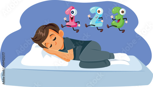 Funny Little Boy Counting to Sleep Vector Cartoon illustration. Child feeling comfortable thinking about number to fall asleep
