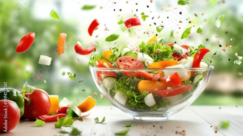 Fresh vegetable mix with realistic motion dropping into bowl on isolated background