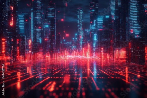 Wallpaper Mural Futuristic cityscape at night with glowing red and blue digital lights and illuminated skyscrapers reflecting a high-tech atmosphere Torontodigital.ca