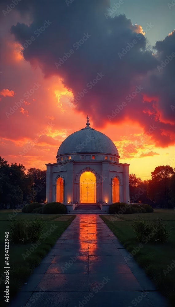 Fototapeta premium A majestic, modern funeral dome stands silhouetted against a dramatic sunset, offering a serene and peaceful final resting place , grief, death, landscape