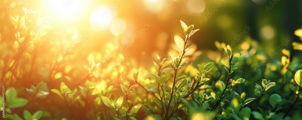 Obraz premium Close-up of green leaves and branches bathed in warm golden sunlight creating a serene and peaceful morning atmosphere