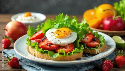 A vibrant spread of healthy and delicious lunch options, including fresh salad, sandwiches, fruit, and yogurt parfaits, perfect for a light and nutritious midday meal , healthylifestyle, food, summer