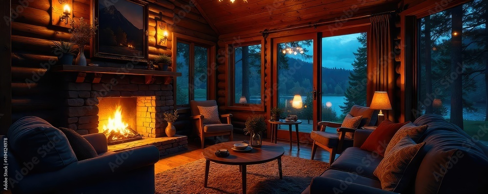 Naklejka premium Cozy cabin interior at night, illuminated by warm lamplight and fireplace glow, creating a relaxing and inviting atmosphere Perfect for travel, vacation, or real estate imagery , firelight, getaway