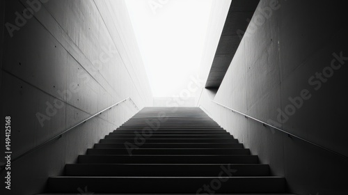 Abstract black and white staircase ascending towards a bright, illuminated opening