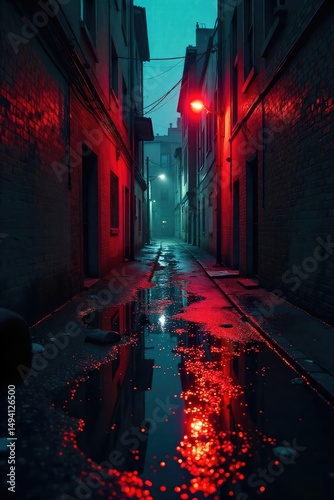 Rain-slicked city street at night, a single red light illuminates a pool of dark liquid Shadowy alleyway, urban decay, ominous atmosphere, crime scene , dark, wet