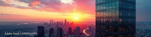 Sleek modern glass skyscraper office building reflecting the city skyline at sunset Perfect for corporate, real estate, and architecture projects , window, urban landscape, investment