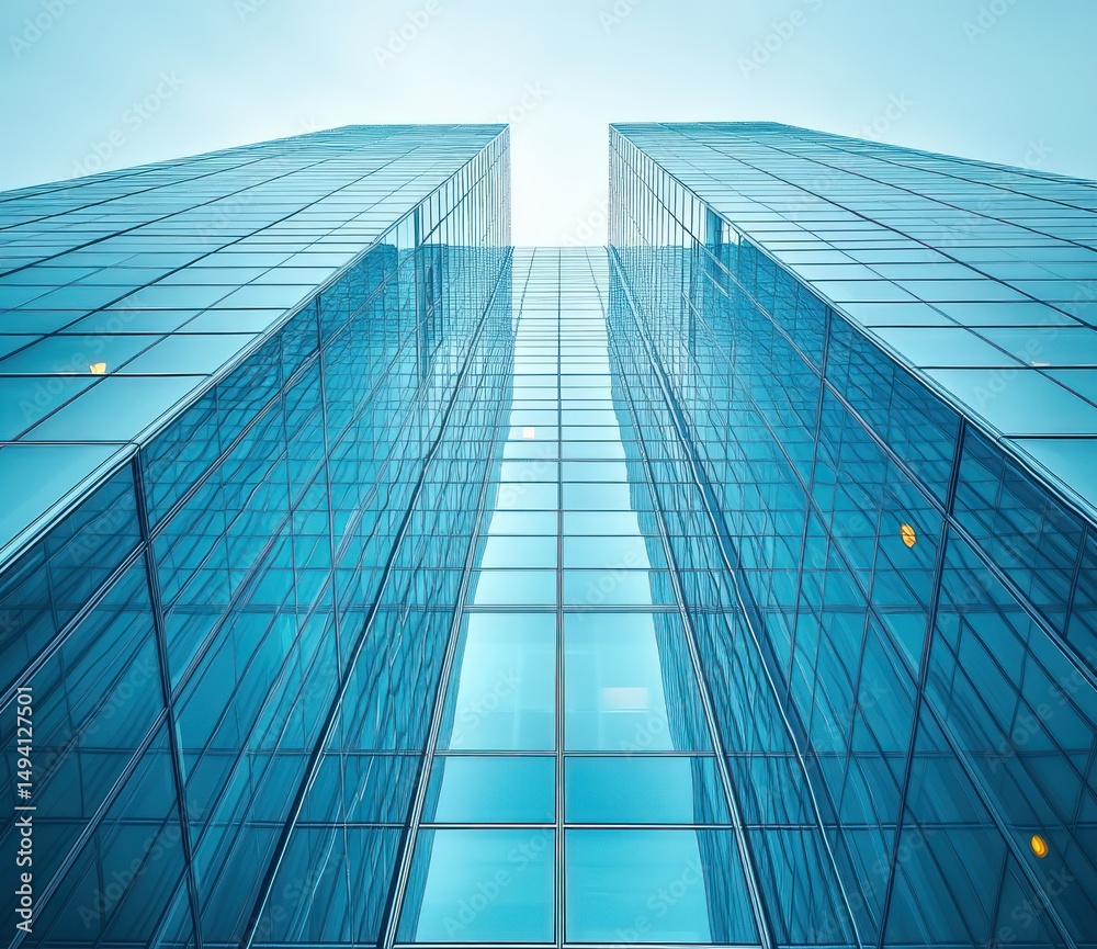 Obraz premium Upward view of two tall modern glass skyscrapers with reflective blue windows under a clear sky, showcasing sleek architecture and geometric patterns