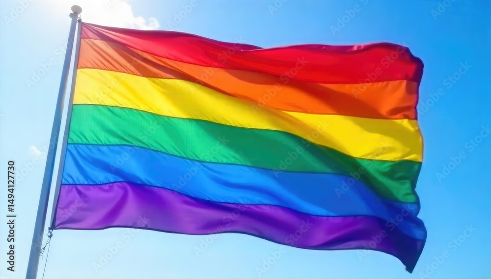 Obraz premium Vibrant rainbow flag waving proudly in the wind , orange, yellow, textile