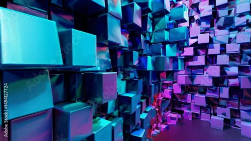Geometric corridor of cubes in moody lighting, suitable for sci-fi, gaming, and immersive content.