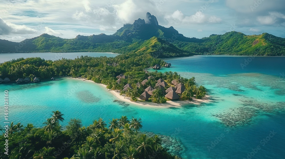 Fototapeta premium Aerial view of a tropical island with lush greenery, thatched-roof huts, surrounded by clear turquoise waters and mountain peaks under a cloudy sky