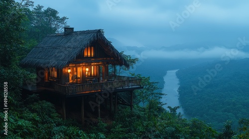 Misty jungle lodge at twilight