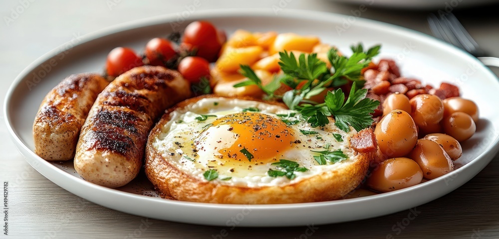 Plate with sunny side up egg, grilled sausages, cherry tomatoes, baked beans, diced potatoes, and fresh parsley garnish on a wooden table Plate with sunny side up egg, grilled sausages, cherry tomatoes, baked beans, diced potatoes, and fresh parsley garnish on a wooden table