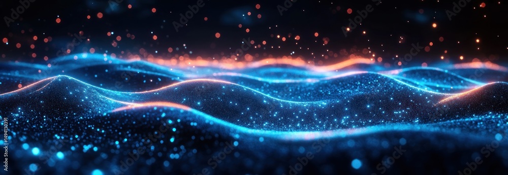 Abstract glowing waves of blue and orange digital particles creating a dynamic and futuristic landscape against a dark background Abstract glowing waves of blue and orange digital particles creating a dynamic and futuristic landscape against a dark background