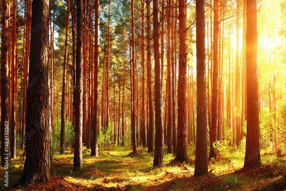 Obraz premium Golden Sunlight Through Pine Forest