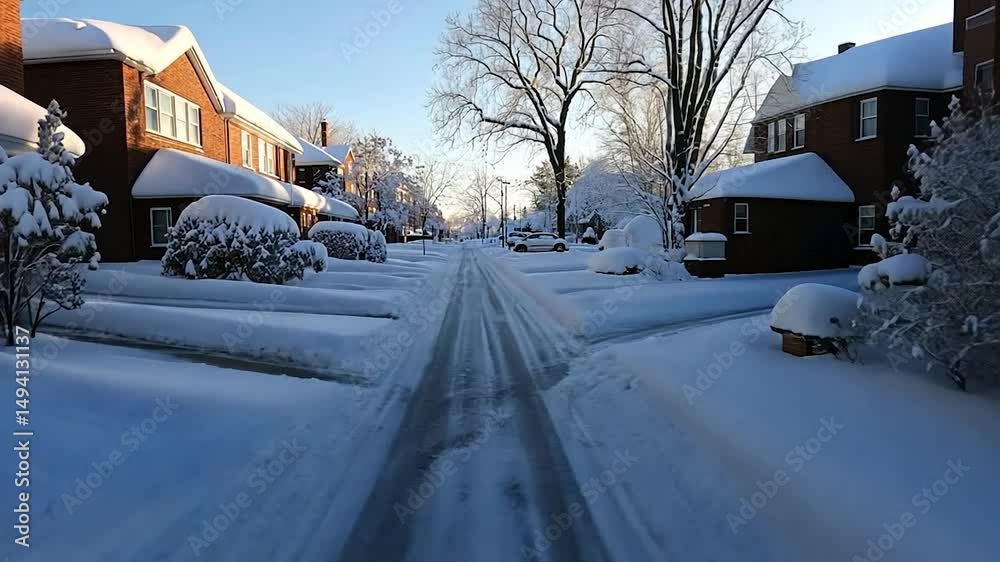 Snowy residential street scene after a snowfall featuring snow-covered houses and trees under a clear sky creating a winter ambiance. Snowy residential street scene after a snowfall featuring snow-covered houses and trees under a clear sky creating a winter ambiance.