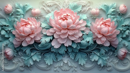 Delicate pastel pink peonies with soft green leaves arranged symmetrically on an ornate pale background, evoking calm and elegance