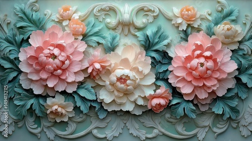 Intricate floral relief sculpture featuring large soft pink and cream peonies surrounded by detailed teal green leaves and elegant ornamental scrollwork