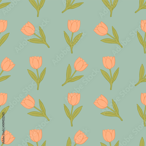 Seamless pattern of tulip flowers and leaves in flat style with soft pastel tones. Ideal for fabric design, spring decoration, wrapping paper, and botanical backgrounds.