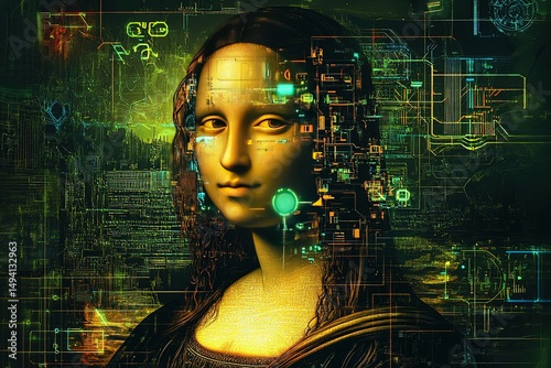 A fusion of classic Renaissance portraiture and cyberpunk aesthetics, Mona Lisa with cybernetic implants, glowing tech enhancements