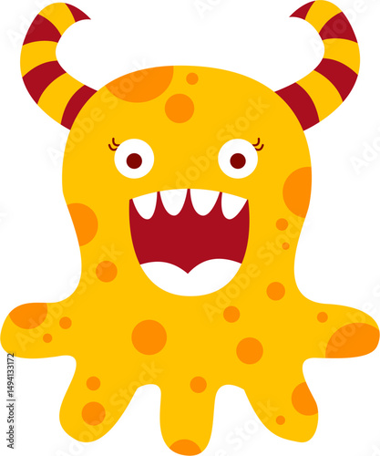 Cartoonish Yellow Monster with Horns and Spots, Smiling.