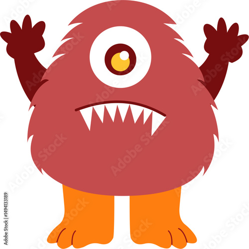 Fuzzy Cyclops Monster with Spiked Teeth and Raised Hands, Orange Feet.